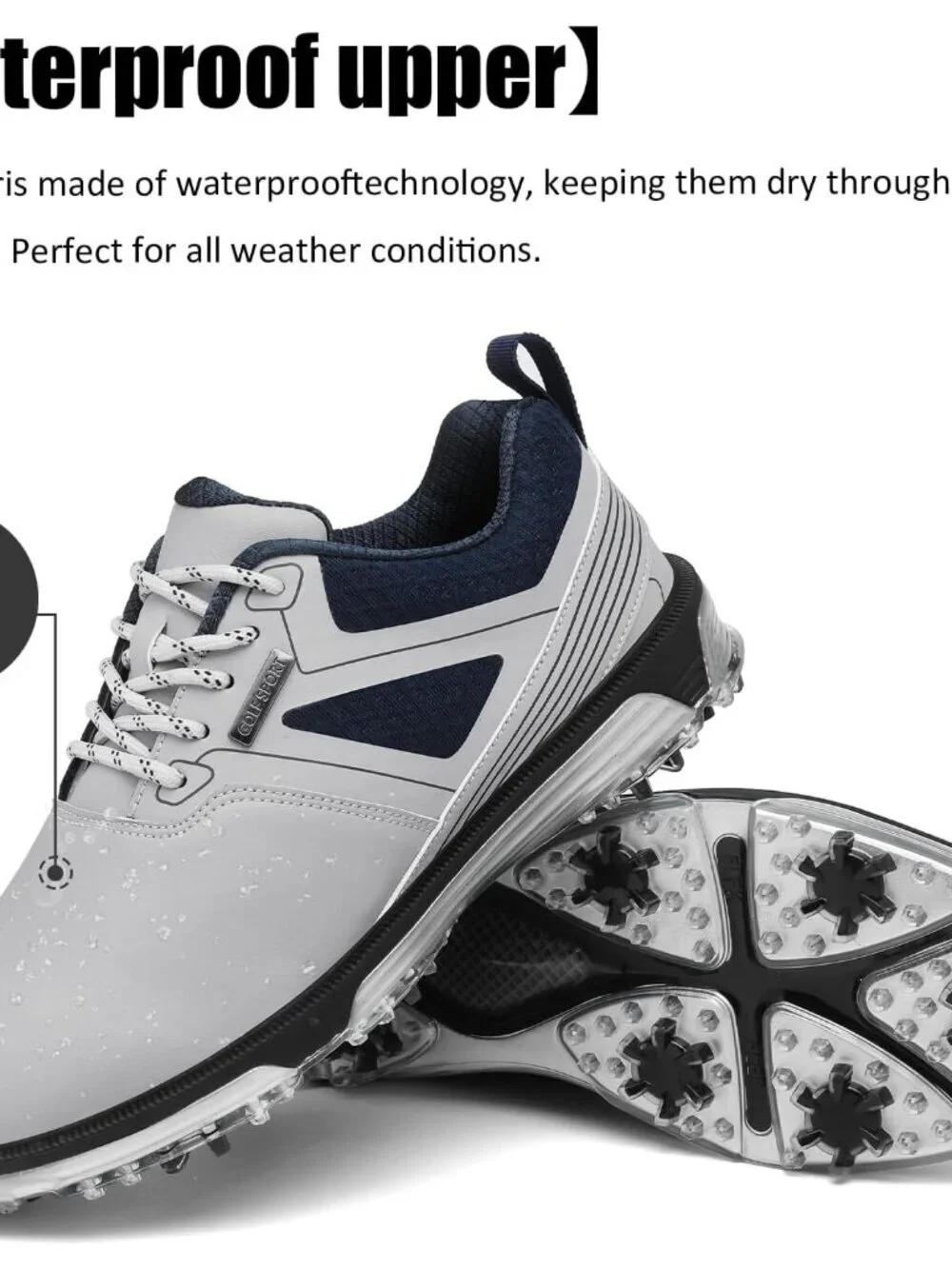 Men's Grey Golf Shoes Fixed Nail Less Sole Waterproof Lightweight No-slip